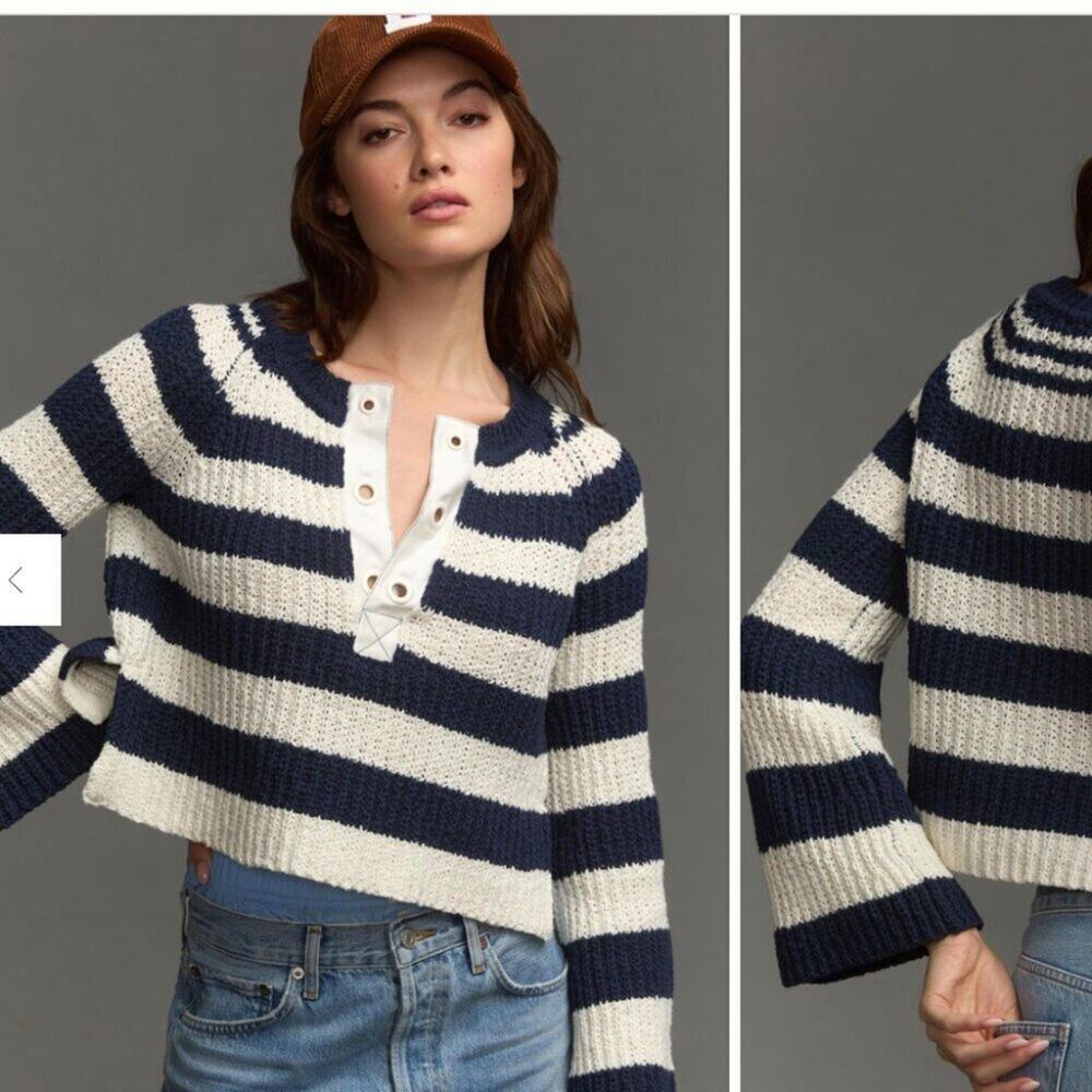 Pilcro Bell-Sleeve Henley Sweater Navy Striped M Nautical Anthropologie